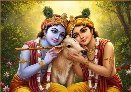 Krishna Balarama with Calf Loving Together Hindu Divine Brothers Art

