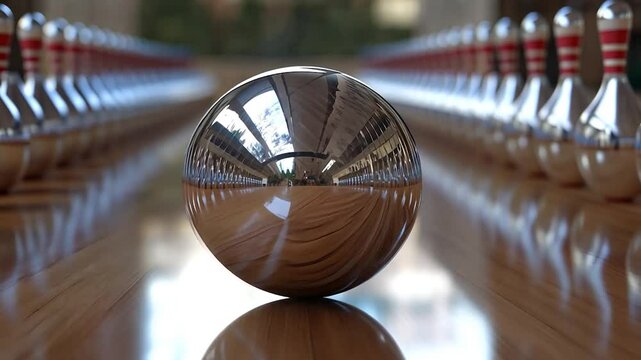 Shiny metallic bowling ball on a wooden lane, with bowling pins in the background