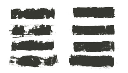 Straight thick grunge underlines. Linocut rolled brush stroke set. Handmade ink rectangle rough stamps. Vector black paint lines shapes. Dry marker or brayer smear textures Irregular figures