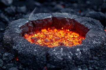 Burning coal embers glowing in steel forging industry furnace