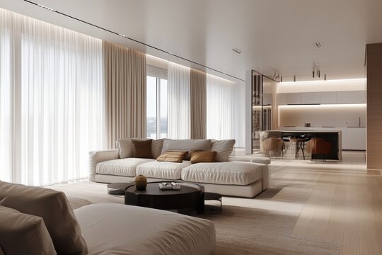 Architectural visualization of contemporary living space with elegant decor and smart design