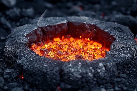 Burning coal embers glowing in steel forging industry furnace