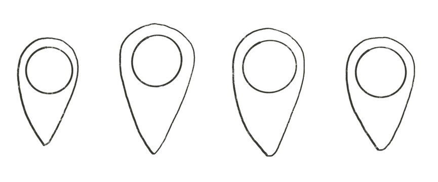 Location map pin marker drawn set. Road pointer hand drawn stroke doodle isolated on white background. Travel destination symbol line elements. Vector navigation geo position illustration by pencil.