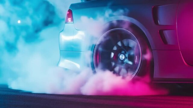 Closeup view of a cars rear wheel spinning, creating a dramatic cloud of blue and pink smoke at night