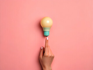 Woman's hand pointing at illuminated light bulb; pastel pink background; minimalist concept; idea, innovation, inspiration ai generated