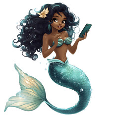 Beautiful Mermaid with Curly Hair Using Smartphone. Elegant cartoon mermaid with long curly dark hair, flower clip, shell top, turquoise tail, and holding a smartphone.