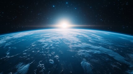 Fototapeta premium A stunning view of Earth from space captures the beauty of our planet. A bright sunrise peeks over the horizon. Experience the wonders of the universe. Generative AI