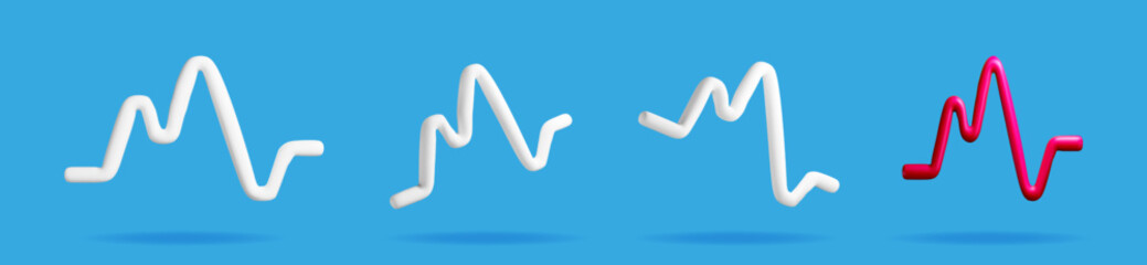 Set of 3d pulse, heartbeat, volume, and sound amplitude waves. Modern chart lines for data visualization and medical concepts.