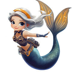 Cartoon Mermaid Girl with Armor and Ocean Gadgets. Stylized cartoon mermaid with silver hair, blue tail, and steampunk-style armor and accessories, blending fantasy and underwater adventure themes.