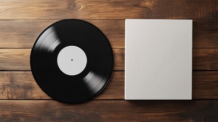 Black vinyl record with blank white sleeve on wooden surface.
