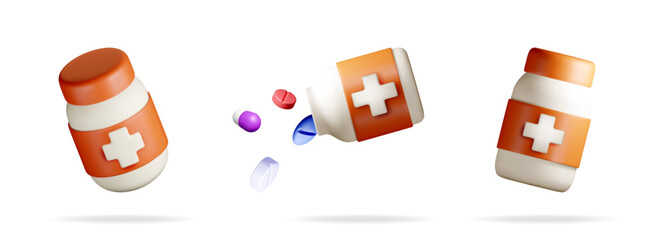 Three 3d plastic medicine bottle with medical cross symbol and spilled colorful pills. Modern pharmacy and healthcare concept graphic.