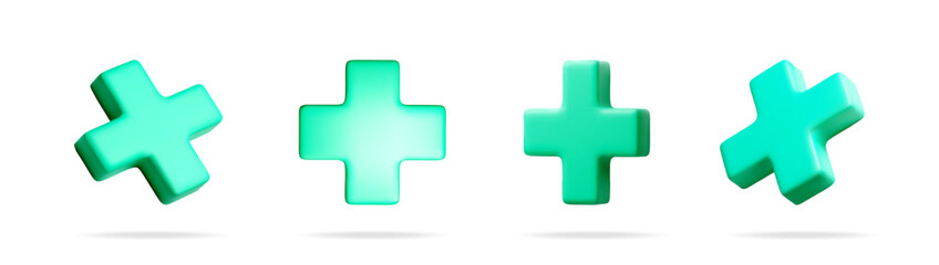3D plus sign collection for web design. Help and medical symbol. Icon set for adding and positive concept.