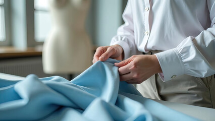 Tailor hands fabric sewing workshop detail closeup