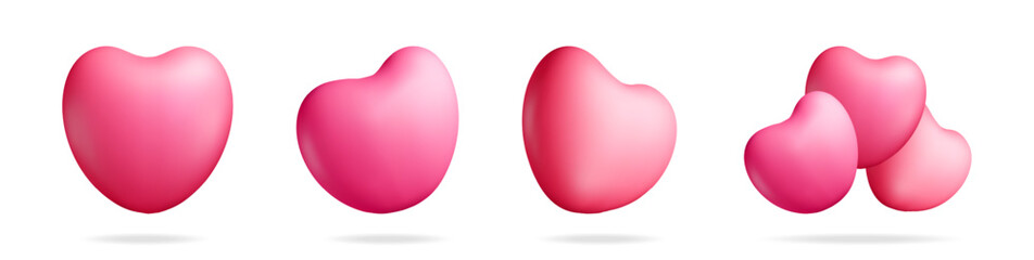 3D set of red heart isolated on white. Render collection of heart shape icon love symbol. Romance, passion, wedding, valentine day Celebration decoration
