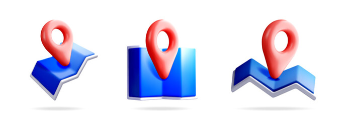 Three 3d vector illustrations of stylized blue map folded with red map pointer icon set for location and navigation.