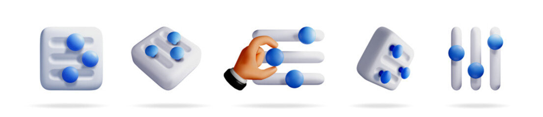 A hand adjusting a 3d rendered modern minimal setting interface and other equalizer or slider elements. User interface for website.