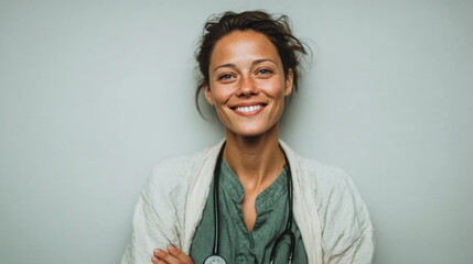 Caucasian female doctor smiles in front of a pale green wall, wearing hospital scrubs