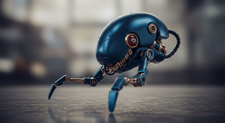 A shiny blue robot spider with metallic accents standing on a reflective surface in a blurred room