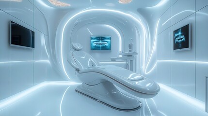 Modern Minimalist Futuristic Dental Clinic Interior with Equipment and X-ray Display