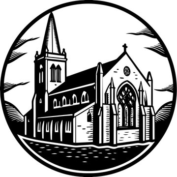 black and white church building in circle clip art preview
