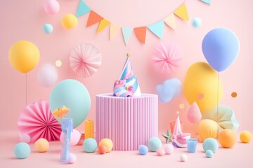 3D render of event mockup scene, pink pastel background with colorful party accessories