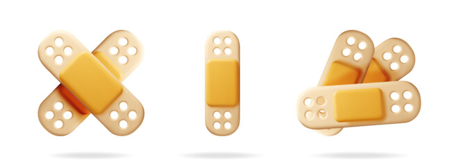 3d medical band aid plaster set in different forms. Health care and first aid help. Medicine concept.