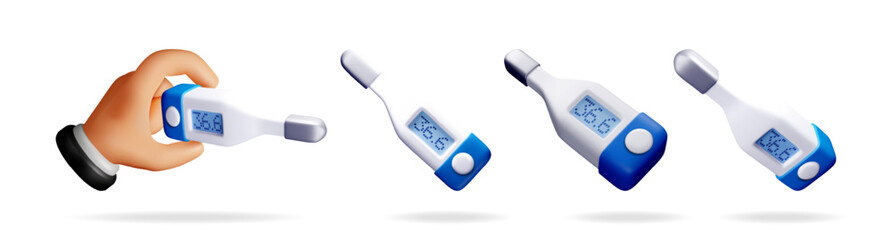 Cartoon hand holding a clinical digital thermometer with different views of thermometers. Healthcare and medical concept.