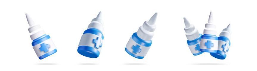 3d cartoon medical drops bottle. White and blue medicine nasal spray with cross sign for health care. Pharmacy product.