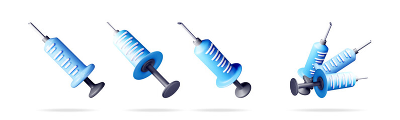 Blue medical syringe or injector set for vaccination concept, medicine, health care, or immunization promotion material.