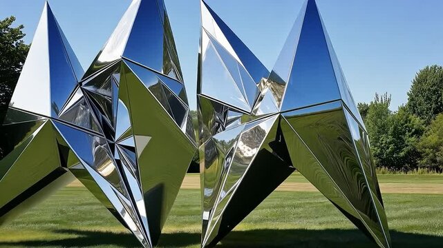 Reflective metallic sculptures in a grassy field