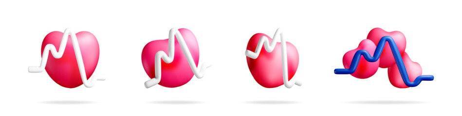 Four abstract pink hearts with white and blue ECG lines. Cardiac rhythm and health concept as vector 3d illustration for medical design.