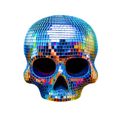 Skull in a 3D disco ball style—rounded, inflated, and tiled with shiny blue, silver, purple, and orange. It glows with party vibes and retro-futuristic energy