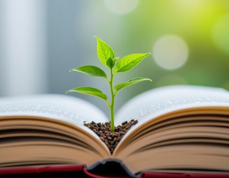 A small green plant grows from soil nestled in the center of an open book, symbolizing knowledge and growth.