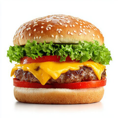 Juicy cheeseburger is mouthwatering and delicious on white background