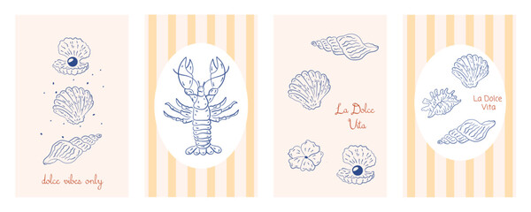 Set of abstract food posters. Mediterranean cuisine. Hand drawn lemons, lobster, tomato, wine, shrimp. Italian summer vibe, Amalfi, dolce vita style. Trendy design for cards, print, kitchen, branding.