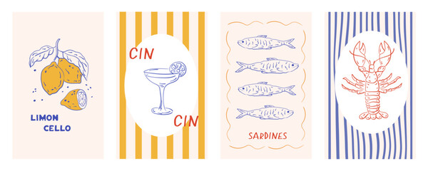 Set of abstract food posters. Mediterranean cuisine. Hand drawn lemons, lobster, tomato, wine, shrimp. Italian summer vibe, Amalfi, dolce vita style. Trendy design for cards, print, kitchen, branding.