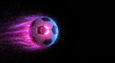 Fototapeta premium A soccer ball with pink and blue glowing particles trailing behind it on a black background