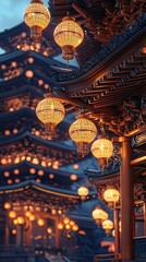 Obraz premium Lanterns at night light up ancient buildings