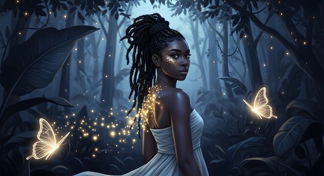 Beautiful african american woman in forest with butterflies fantasy art wallpaper background image