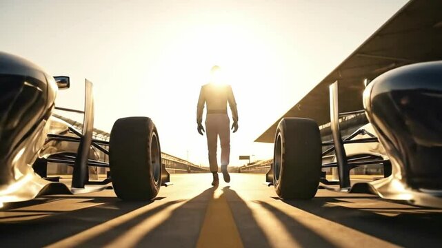 A determined race car driver walks confidently towards his formula 1 car at sunset, the silhouette of the vehicles and the setting sun creating a dramatic scene