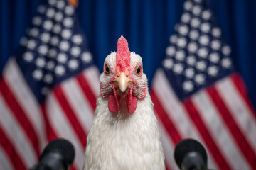 Anthropomorphic chicken at political podium with American flags and microphones – satirical, absurd parody of presidential speech, symbolizing cowardice and political commentary.