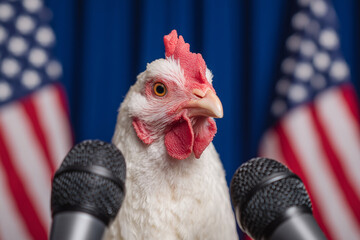 Anthropomorphic chicken at political podium with American flags and microphones – satirical, absurd parody of presidential speech, symbolizing cowardice and political commentary.