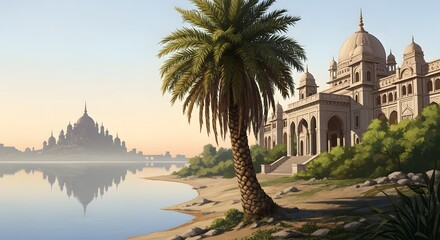 Beautiful india palace architecture with palm tree and water reflection travel destination view
