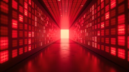 Red Data Center Corridor with Server Racks and Glowing Light, Futuristic Technology Environment, Server Room, Data Processing, AI, Machine Learning