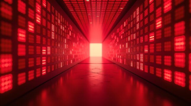 Red Data Center Corridor with Server Racks and Glowing Light, Futuristic Technology Environment, Server Room, Data Processing, AI, Machine Learning
