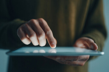 Closeup of businessman’s hands scrolling on tablet — professional, sleek interaction with digital touchscreen