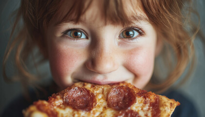 Cute young girl smiling and playfully biting a cheesy pepperoni pizza slice — joyful, messy, and energetic moment of childhood delight and fun snack time with saucy, delicious food.