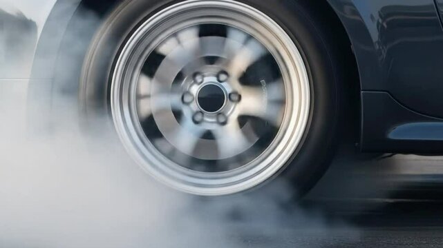 A closeup shot captures a car tire performing a smoky burnout, the motion blur and billowing smoke highlighting the speed and power of the action
