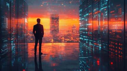 Man Silhouette Standing in Futuristic Office Overlooking a Digital Cityscape