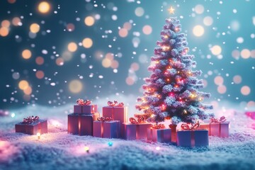 Obraz premium 3D festive scene with snow-covered tree, gift boxes and glowing background light effects